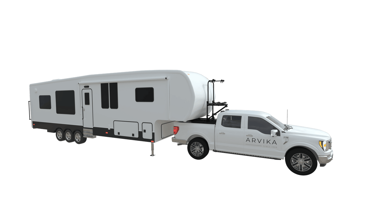 Arvika 2-bike rack on a fifth wheel with a short bed truck (shown with the standard base)