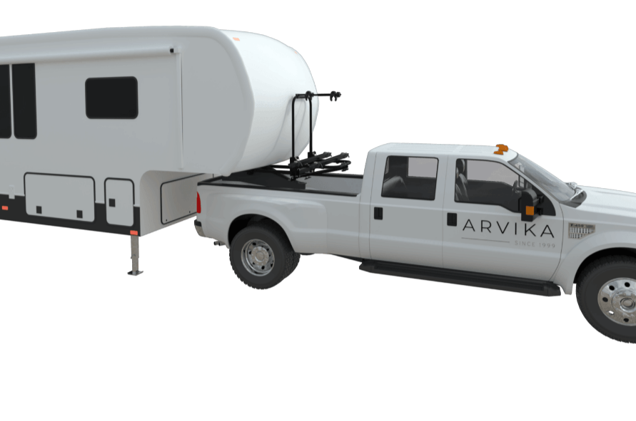 Arvika 2-bike rack on a fifth wheel with a long bed truck (shown with the standard base)