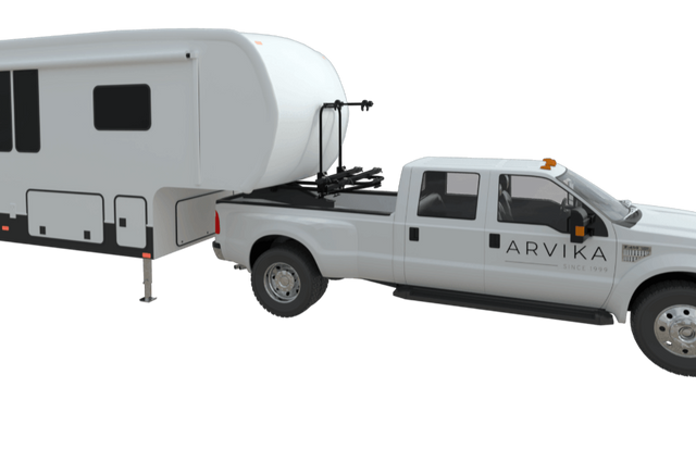 Arvika 2-bike rack on a fifth wheel with a long bed truck (shown with the standard base)