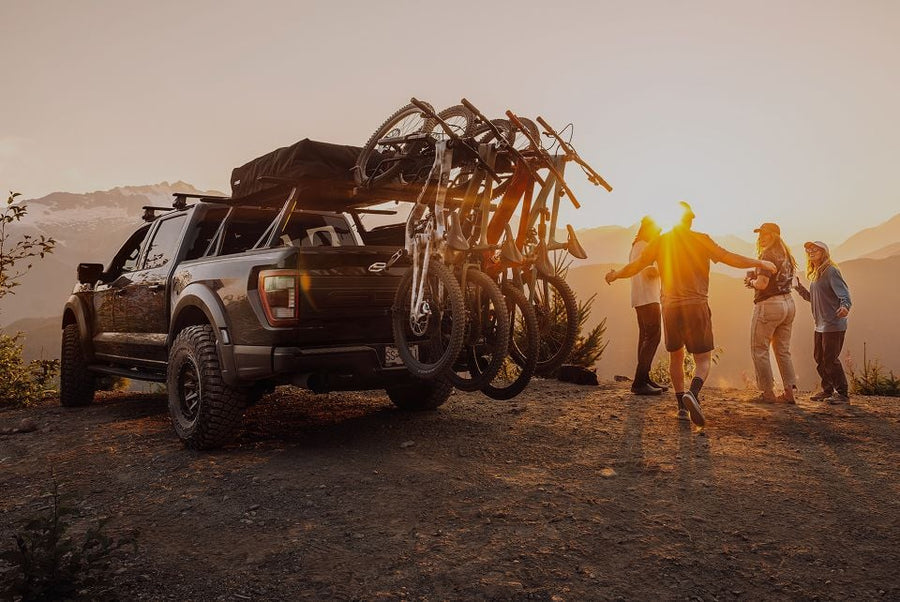 Pickup truck with roof racks carrying bikes